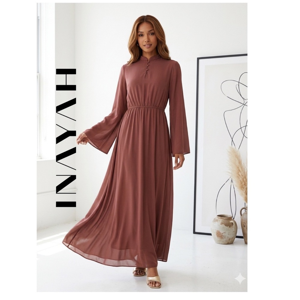 Inayah Long Sleeve Maxi Dress Mauve Pink Modest High Neck Bell Sleeve Size M 56